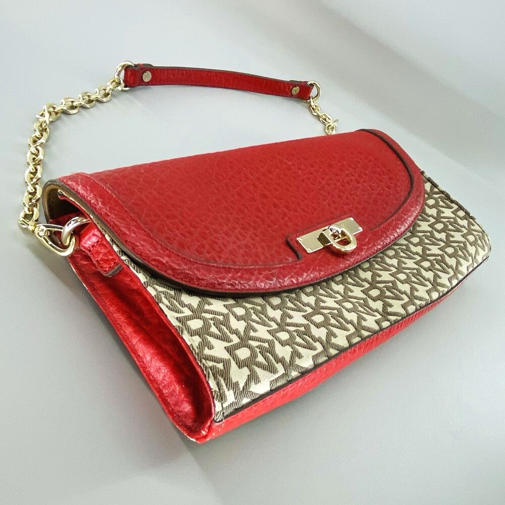 DKNY Purse Beekman Clutch Shoulder Bag Handbag Purse Red Leather Chain Strap